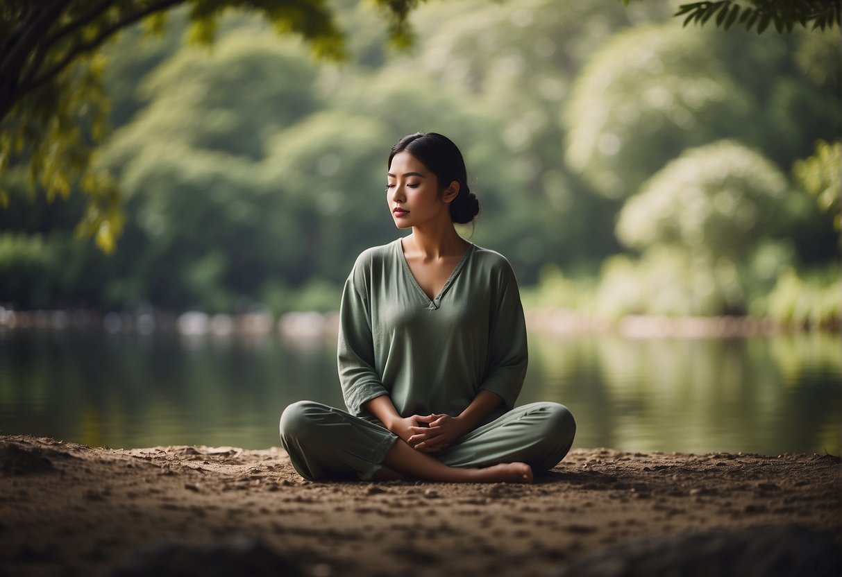 A peaceful setting with a caregiver practicing deep breathing and mindfulness to manage anger. A serene environment with calming elements such as nature or soft lighting