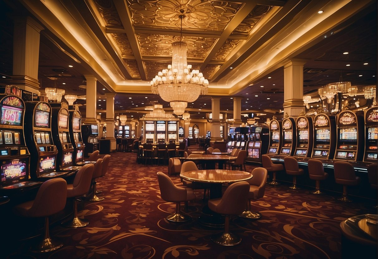A grand casino with ornate architecture, bustling with patrons and adorned with slot machines and card tables. A vibrant atmosphere filled with excitement and anticipation