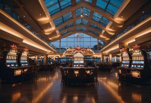 A grand casino in Canada bustles with excitement and opulence, featuring elegant decor, vibrant slot machines, and lively table games