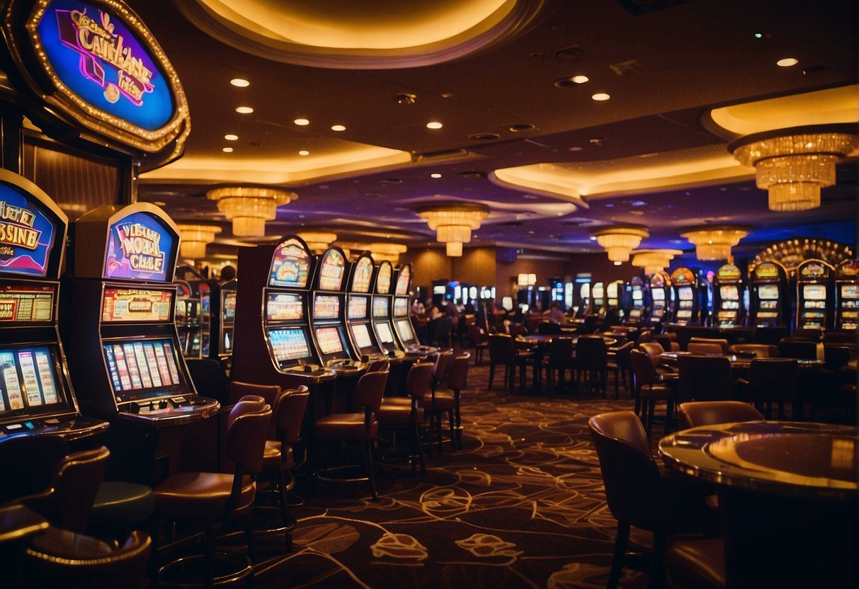 A bustling casino floor with slot machines, card tables, and a lively atmosphere. The room is adorned with bright lights and luxurious decor, creating an exciting and glamorous setting for entertainment and leisure