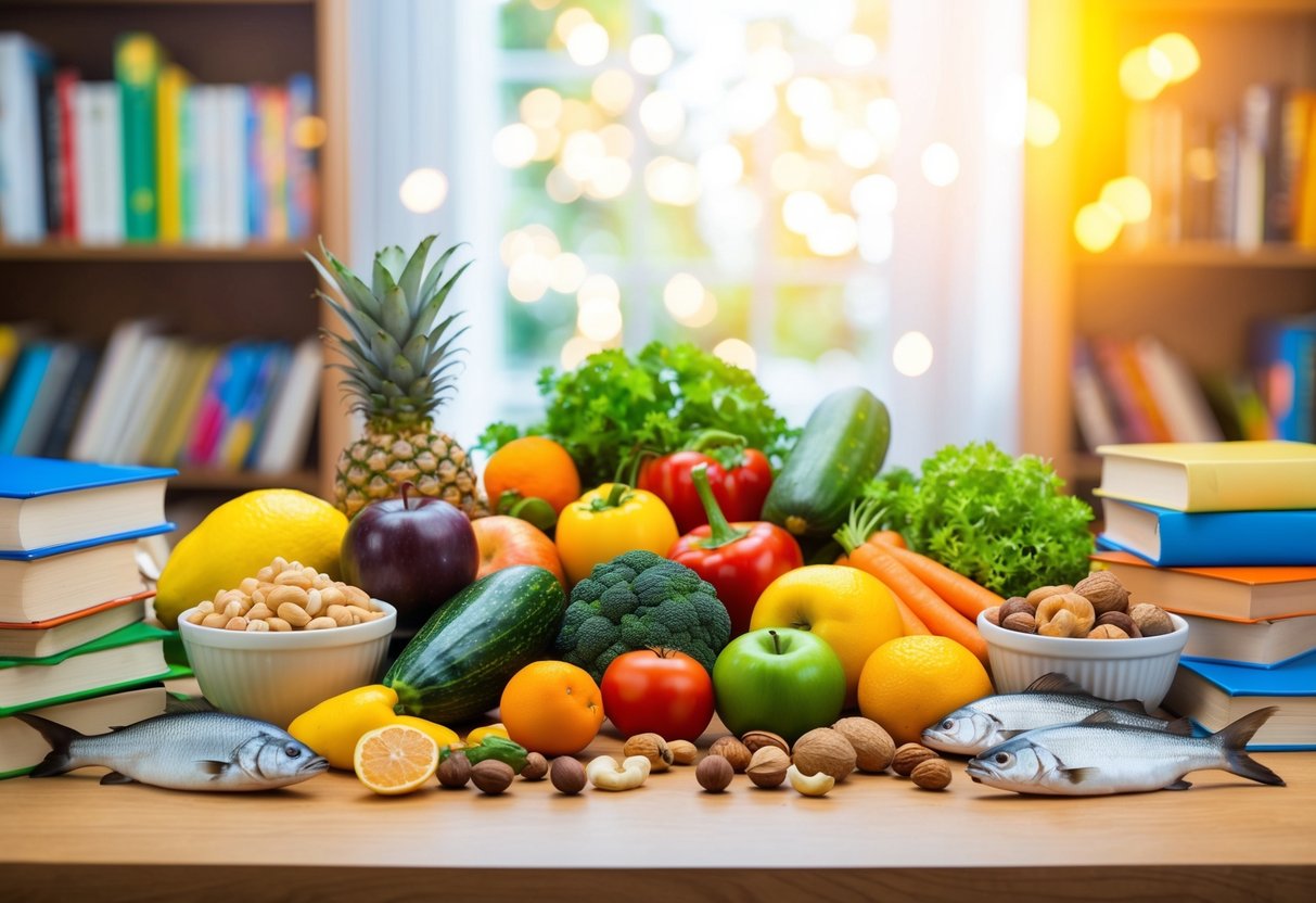 A table with a variety of colorful fruits, vegetables, and vitamin bottles, surrounded by greenery and natural light