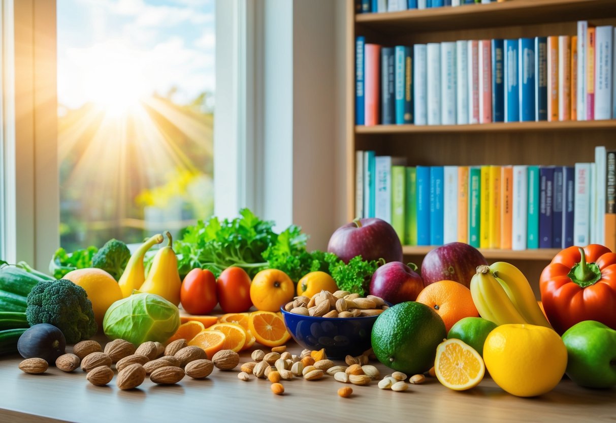A table set with colorful fruits, vegetables, and nuts. A bookshelf filled with brain-boosting literature. Sunlight streaming through a window onto the scene