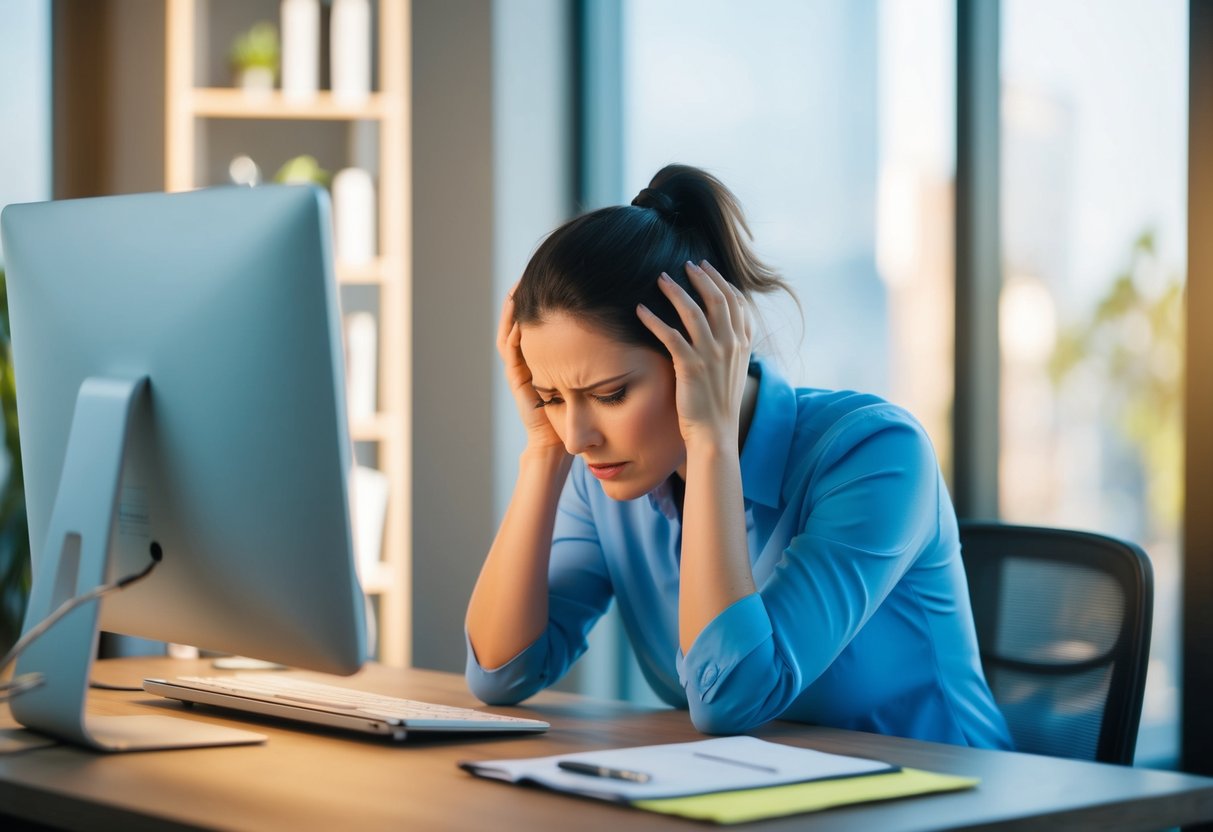 A person sitting in a dimly lit room with a cold compress on their forehead, surrounded by essential oils and herbal remedies