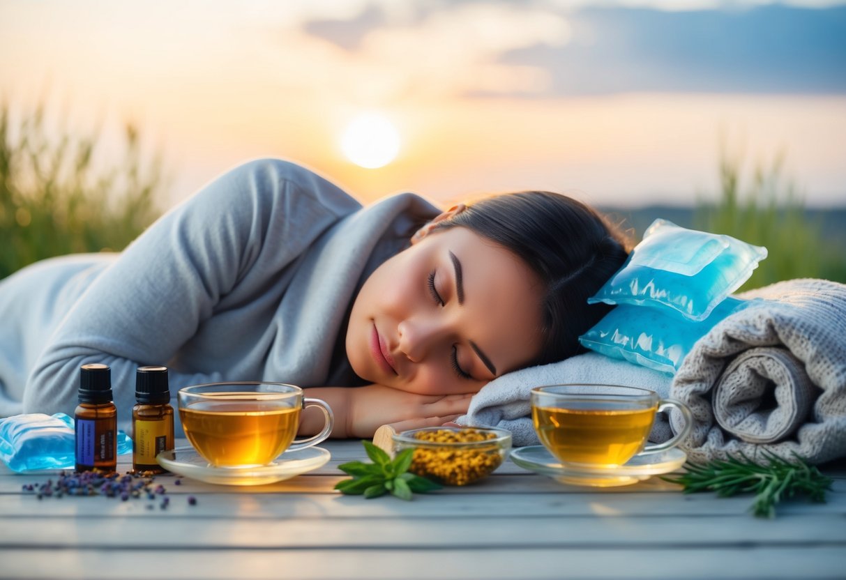 A serene setting with a person lying down, surrounded by calming elements like essential oils, herbal teas, ice packs, and a cozy blanket