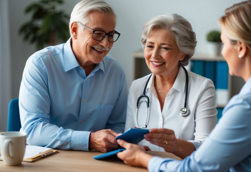 A senior couple in Canada purchasing travel insurance, discussing health factors with an agent