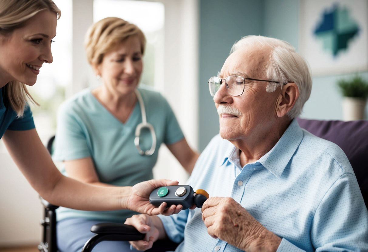 A senior with dementia activates a medical alert device, while a monitoring system alerts a caregiver