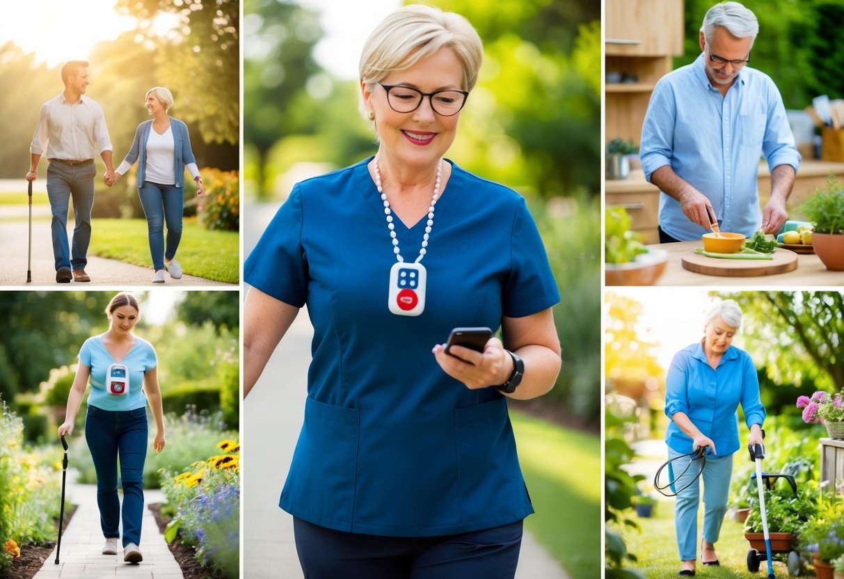 A person wearing a medical alert system with a cell phone, surrounded by various activities such as walking, cooking, and gardening
