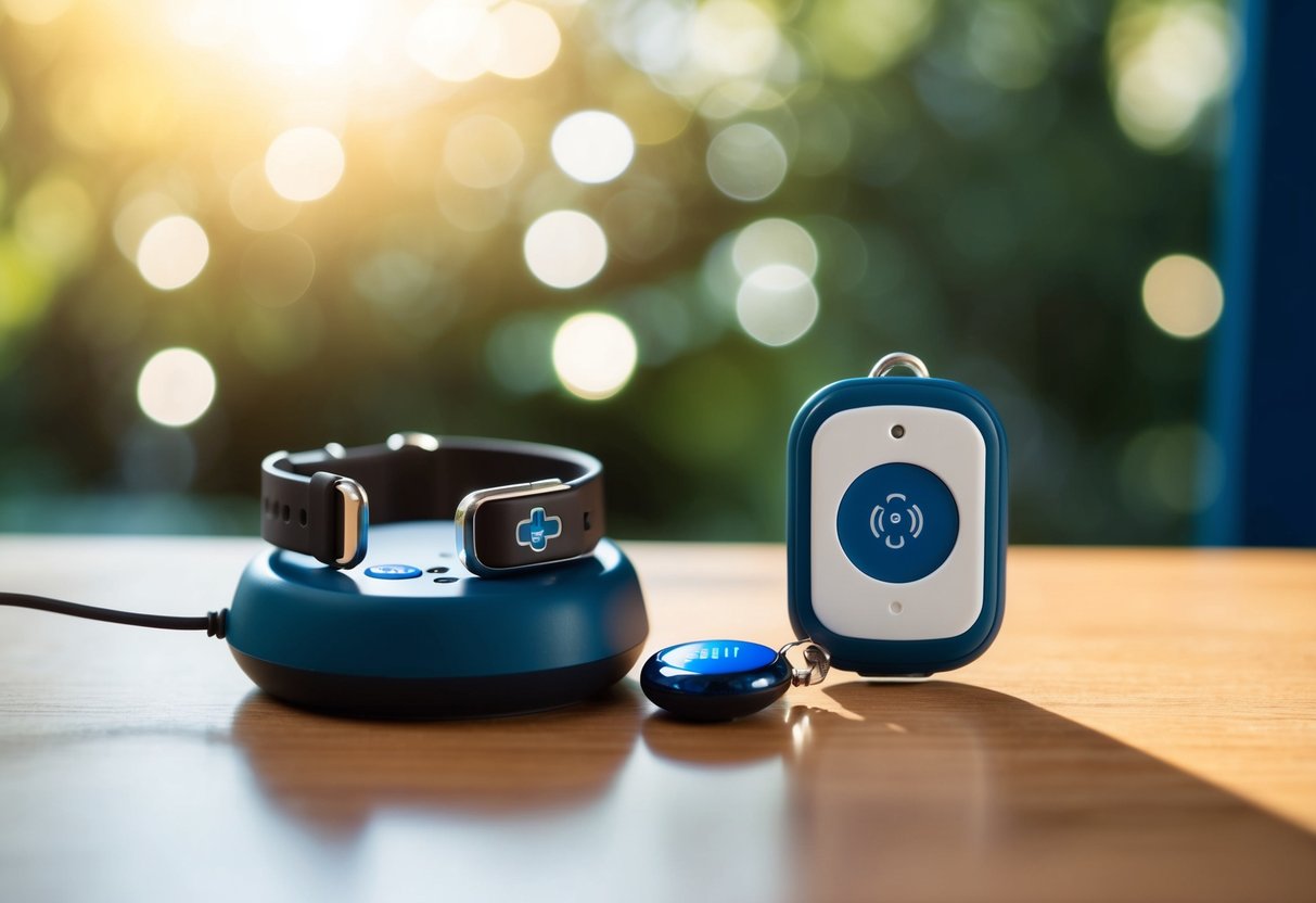 A medical alert system with a wristband and pendant, connected to a base unit with a help button, and a monitoring service