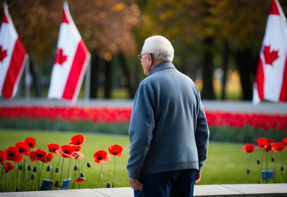 An elderly person standing by a war memorial with poppies and Canadian flags in the background