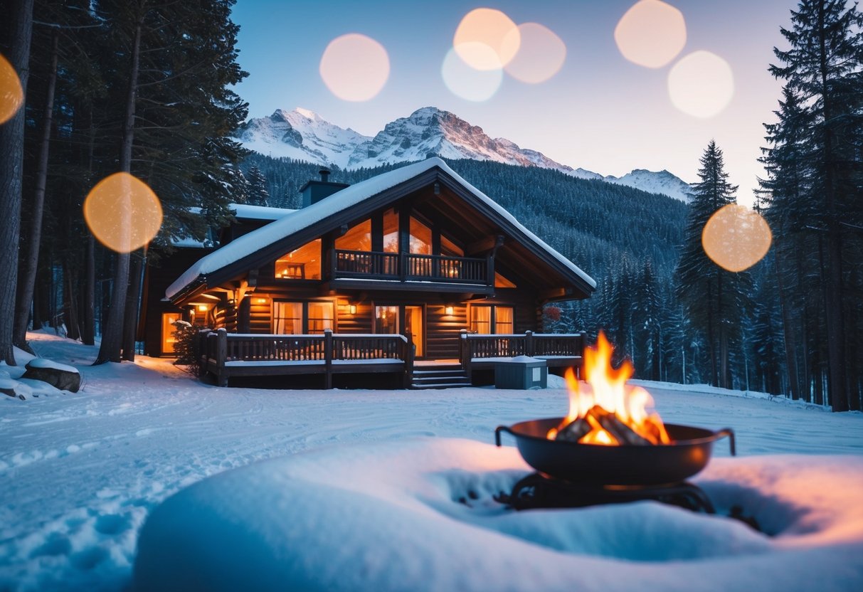 A cozy lodge nestled in a snowy forest, with a warm fire and a view of the mountains
