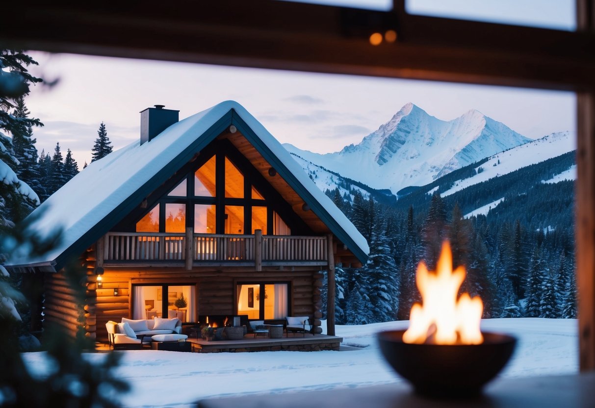A cozy cabin nestled in a snowy forest, with a warm fire burning inside and a view of snow-capped mountains through the window