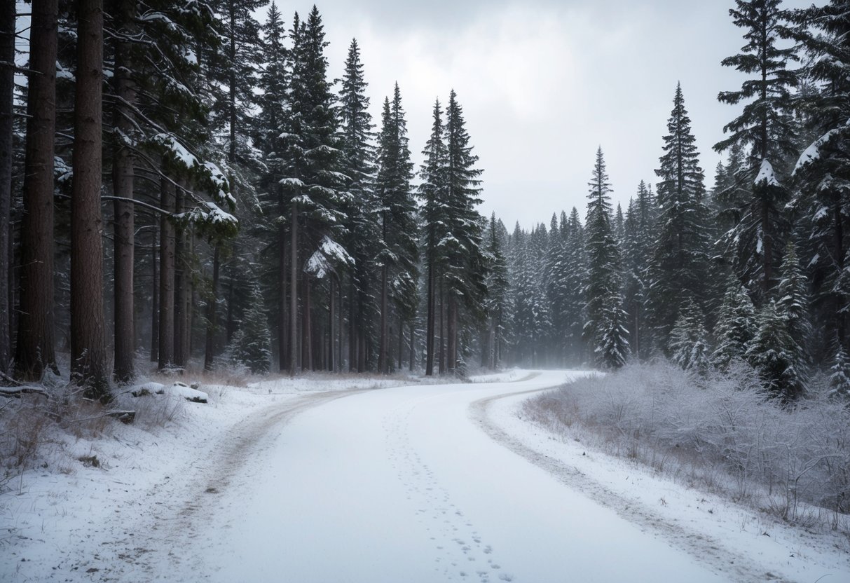 A snowy path winds through a peaceful forest, with tall evergreen trees and a dusting of snow covering the ground. A serene winter landscape in Canada