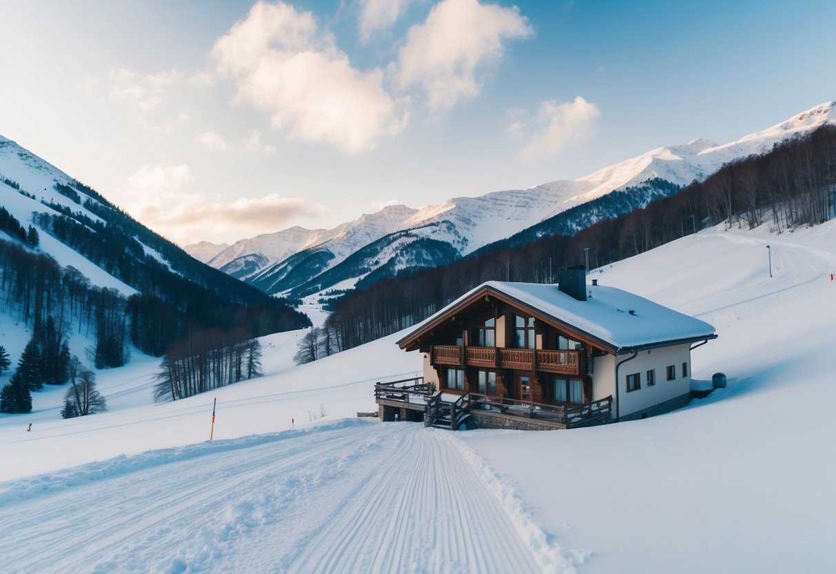 A cozy lodge nestled in the snowy mountains, with a gentle slope for cross-country skiing and a clear path for snowshoeing