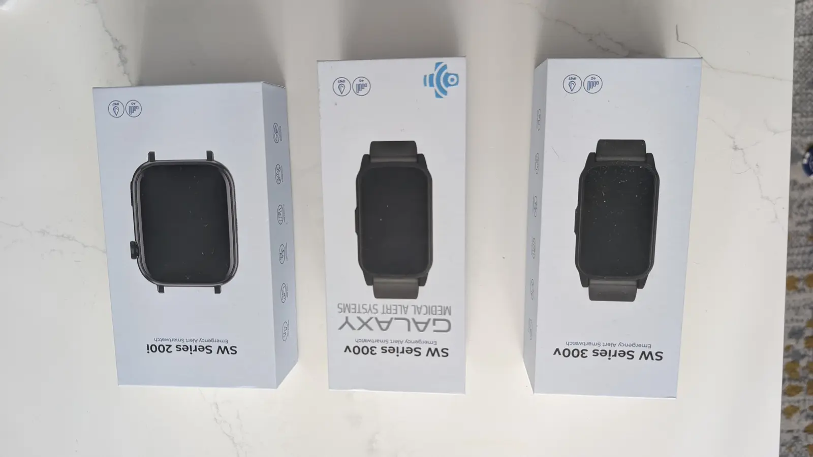 Galaxy medical alert smartwatch product boxes photographed for this review