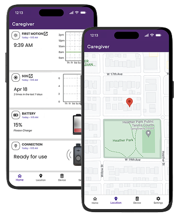 TELUS Health caregiver mobile app showing device status and location